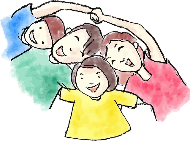 Ilustrace-smějící se děti ležící v kruhu na zádech